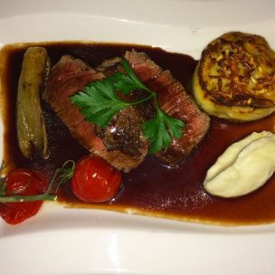 Beef fillet with red wine, dauphinoise potatoes, red jus