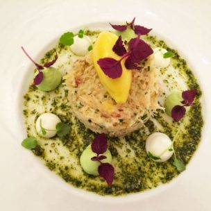 Crab avocado mousse, sorbet and pesto