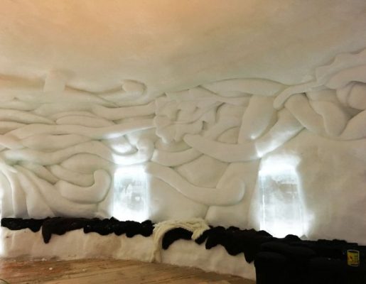 The lounge area at the ice hotel