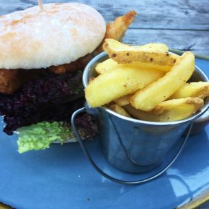 Fish burger and chips at The Old Sawmills pub